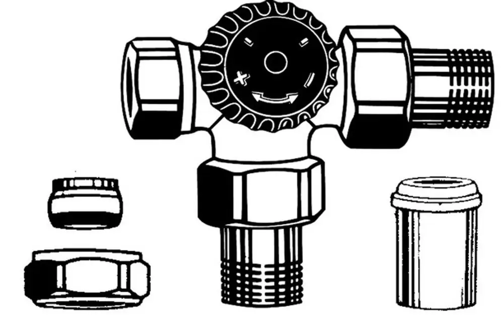 Dreiwege-Ventilunterteil mit Schraubnippel und einer rechtsseitigen Anschlussmöglichkeit. Produkt von IMI Hydronic Engineering.